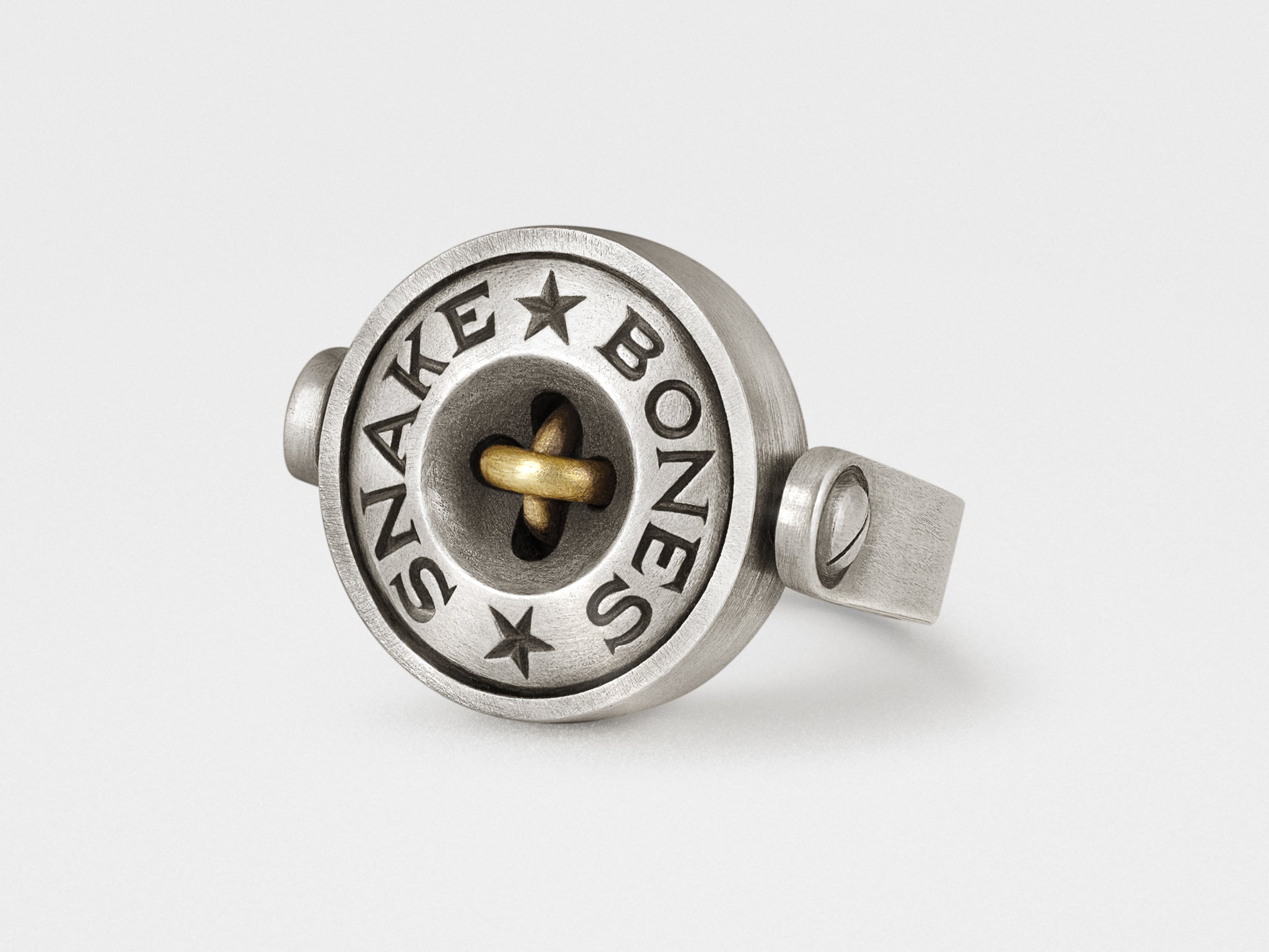 Anillo de botón con cuenta gris en plata y bronce